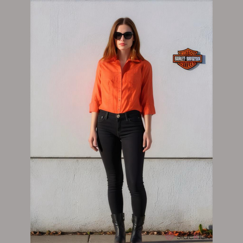 H-D Harley-Davidson Motorcycle Orange Button Up Top Blouse Women’s Size S